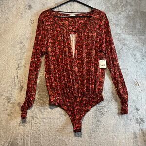 Free People Kaya‎ Floral Print Long Sleeve Bodysuit in Chocolate Combo Large